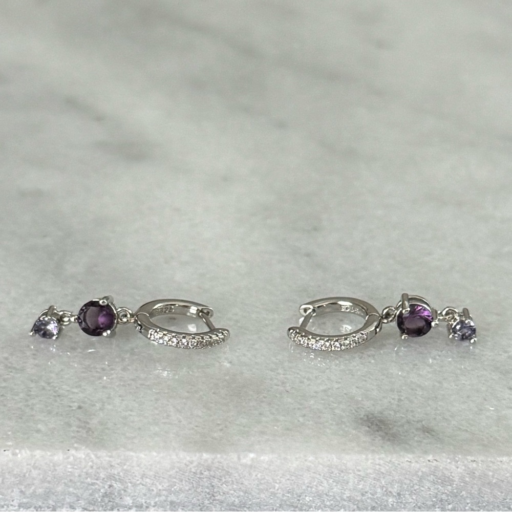 NEW DROP Sterling Silver Crystal Pave Purple Dangle Huggie Hoop Earrings - Picture 1 of 6